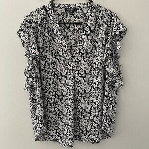 Lauren Ralph Lauren Women's XL Black & White Floral Flutter Slv Poly Blouse Top